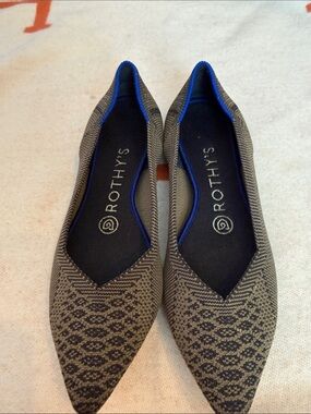 Rothy's Olive Snake Skin Pattern Knit Pointed-Toe Flats with Blue Trim